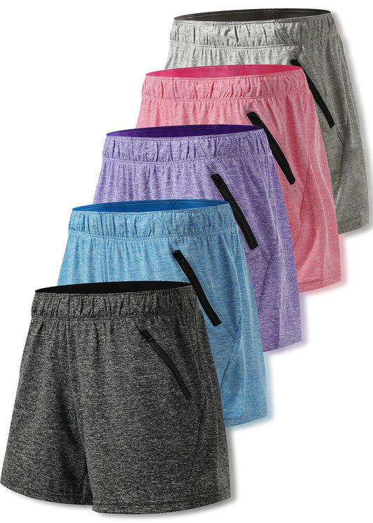 5-Pack Women’s Workout Gym Shorts – Casual Lounge Set with Zipper Pockets