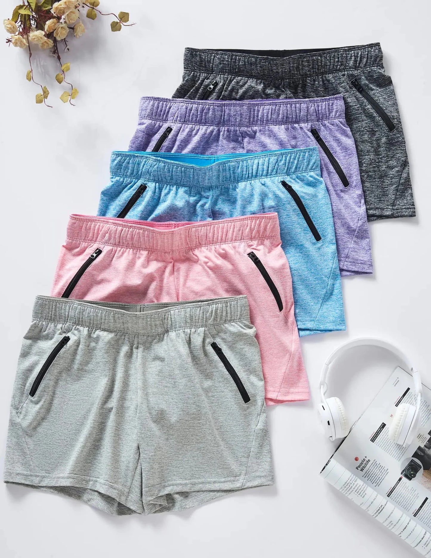 5-Pack Women’s Workout Gym Shorts – Casual Lounge Set with Zipper Pockets