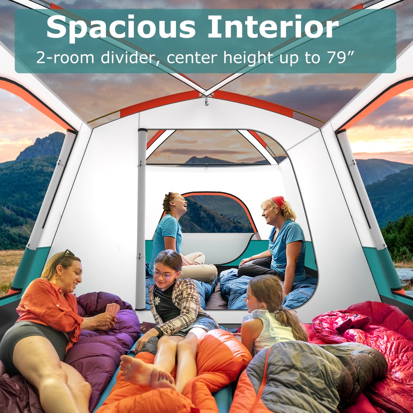 8-10 Person Camping Tent with Double Rooms and 2 Doors-Green